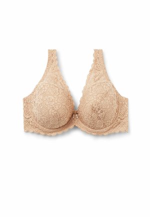 Kanten beha in nude kleur met driehoekige cups, gekartelde randen en een decoratieve strik in het midden. Bevat ingewikkelde bloemmotieven.