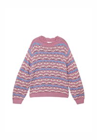 Maglione lavorato a maglia di colore rosa, con un motivo a onde in blu e crema. Collo rotondo, maniche lunghe e polsini e fondo a costine.