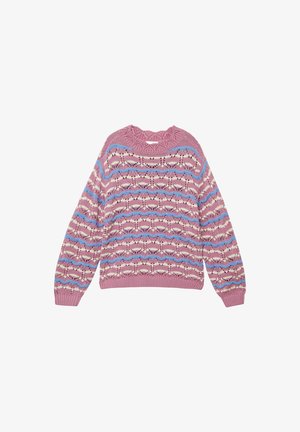 Pletený sveter v ružovej farbe, s vlnkovým vzorom a modrými a smotanovými akcentmi. Okruhlý výstrih, dlhé rukávy a rebrované manžety a lem.