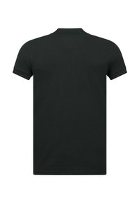 Zwarte polo gemaakt van katoen, met een klassieke kraag en korte mouwen, met een gladde textuur en zonder zichtbare patronen of accenten.