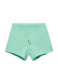 Světle zelené pohodlné šortky s elastickým pasem a šňůrkou, vyrobené z měkké látky, navržené pro pohodlí a každodenní nošení.