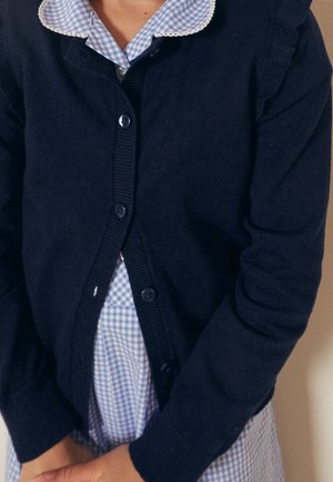 Enfant portant un cardigan bleu marine boutonné sur une robe vichy bleue et blanche avec un col festonné.