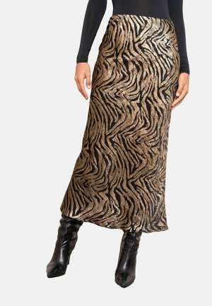 Metallisch goldener und schwarzer Zebra-Print-Rock mit gerader Silhouette, gefertigt aus strukturiertem Stoff, mit hoher Taille und knöchellanger Schnitt.