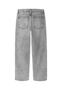 Sive jeans iz denima z ohlapnim krojem, z visokim pasom, dvema zadnjima žepoma in naravnim krojem nogavic. Teksturirana tkanina z izbledelim zaključkom.