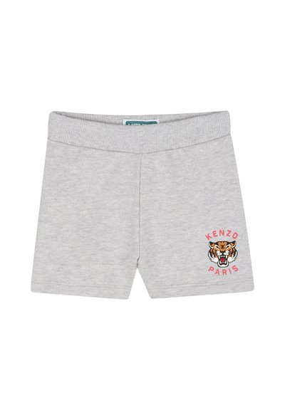 Shorts en coton gris avec une ceinture côtelée, ornés d'un graphique coloré de tigre et du texte "KENZO PARIS" sur la jambe gauche.