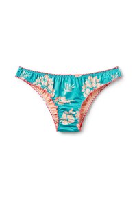 Tyrkysové bikinové kalhotky s květinovým vzorem v jemně růžové barvě. Volánkové okraje a elastický pas zajišťují pohodlné nošení.