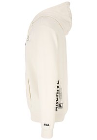 Kremowa bluza z kapturem z kieszenią kangurka, regulowanym kapturem ze sznurkiem, czarnymi napisami na rękawie oraz ściągaczami na mankietach. Wykonana z miękkiej mieszanki bawełnianej.