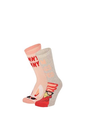 Two colorful socks, one pink with a bunny face and red text, the other gray with a red rooster wearing glasses and orange text.
