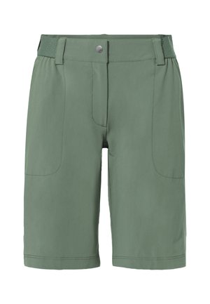 Green shorts made of lightweight fabric with a smooth texture, featuring two front pockets and a textured waistband.