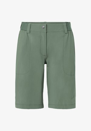 Groene shorts van lichtgewicht stof met een gladde textuur, voorzien van twee steekzakken aan de voorkant en een textuurband.