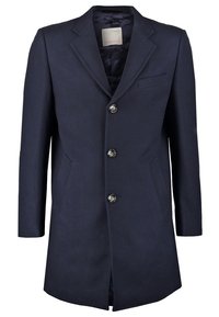 Marinblå ullkappa med slagkrage, femknappslås, sidofickor och en bröstficka med slät foder.