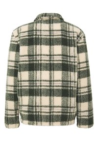 Fleece-plädjacka i grön och kräm, med ett rutigt mönster, en krage och elastiska ärmmuddar. Mjuk textur genom hela plagget.