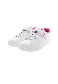 Vita sneakers i syntetiskt material med en slät textur, utrustade med rosa detaljer, snörning och ett kardborreband för stängning.