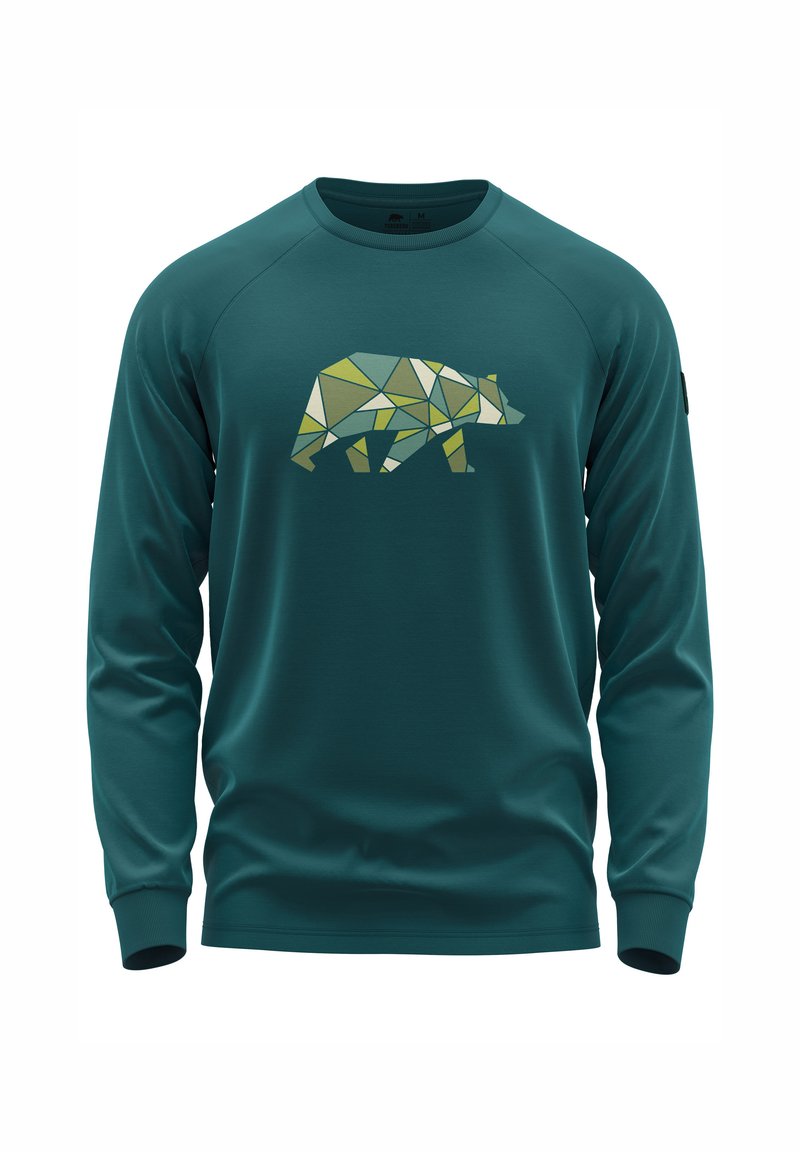 Lange mouwen teal sweatshirt gemaakt van zachte stof, met een geometrisch berenontwerp in groene tinten op de voorkant.