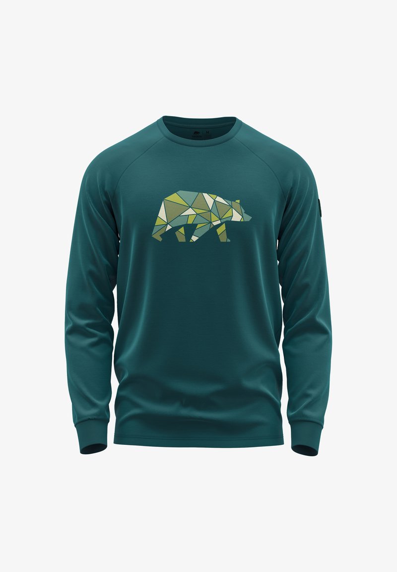 Langärmliger türkisfarbener Sweatshirt aus weichem Material, mit einem geometrischen Bärenmuster in Grüntönen auf der Vorderseite.