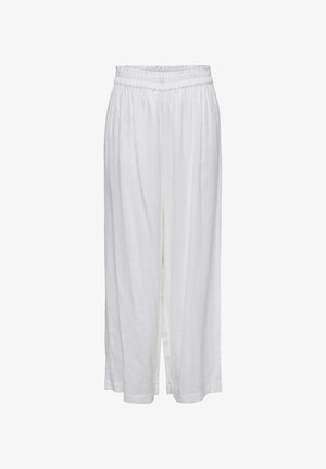 Bela lanena culotte hlače z elastičnim pasom, ki imajo ohlapen, leteč dizajn in mehak, dihajoč material.