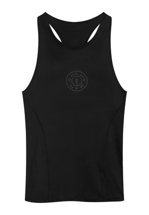 Schwarzes, ärmelloses Sport-Top mit Racerback-Stil und dezentem Gold's Gym-Logo in der Mitte der Brust.