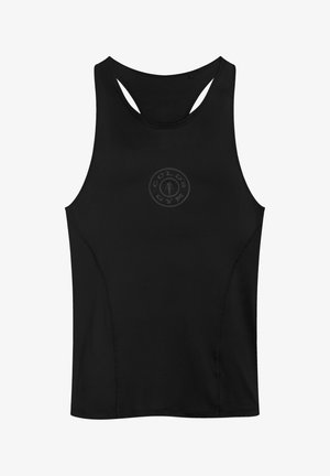 Schwarzes, ärmelloses Sport-Top mit Racerback-Stil und dezentem Gold's Gym-Logo in der Mitte der Brust.