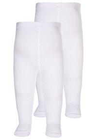 Bílé bavlněné legíny pro kojence, které se vyznačují hladkým povrchem, těsným střihem a jednoduchým designem bez vzorů či dalších doplňků.
