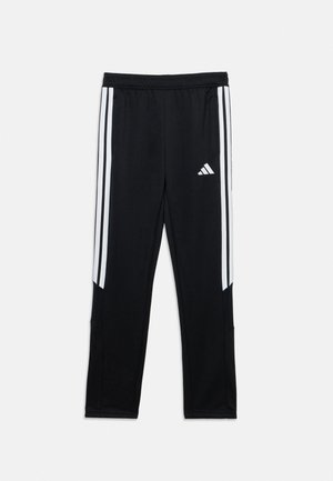 Zwarte sportbroek met witte zijstrepen en Adidas-logo op de rechterdij, elastische tailleband, rechte pijp.