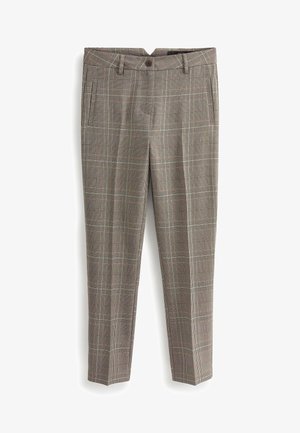 Brązowe i beżowe spodnie w kratę, dopasowane, z przednimi kieszeniami i zapięciem na guzik w pasie.