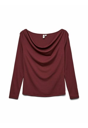 Haut à manches longues pour femme en bordeaux profond avec un large col bénitier drapé, étalé à plat sur un fond blanc.