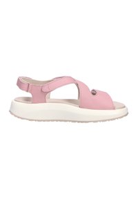 Sandalia de cuero rosa con un acabado texturizado, punta abierta y correas entrelazadas. Presenta una suela de espuma de color claro con una ligera plataforma.