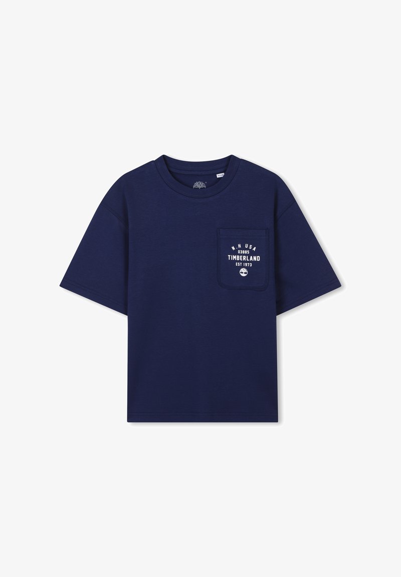 T-shirt en coton bleu marine à manches courtes, col rond et poche poitrine avec un texte imprimé blanc et des détails de logo.