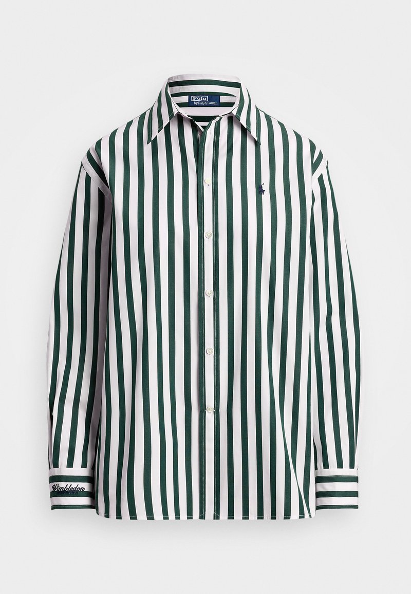 Zaļi un balti svītrota garām piedurknēm krekls ar pogām lejas daļā, kuram ir logo izšuvums uz krūtīm un akcents uz aprocēm.