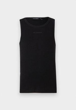 Juodas liemenės formos be rankovių megztinis su apvalia iškirpte, mažas „KARL LAGERFELD“ logotipas krūtinėje ir dydžio žymės ant apykaklės.