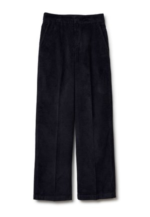 Pantaloni neri in corduroy a gamba larga con vita alta, dotati di tasche frontali e chiusura con bottone. Tessuto morbido e testurizzato con righe verticali.