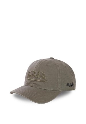 Gorra de béisbol verde oliva con visera curva, texto bordado tonal "kultch" en el frente y pequeño logo negro de ojo alado en el panel lateral.