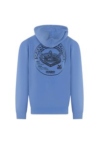Jasnoniebieska bluza z kapturem z dużą czarną grafiką na plecach, przedstawiającą kota na gramofonie oraz tekst. Gładki materiał, kaptur ze sznurkiem.