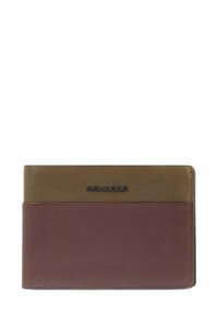 Billetera de cuero bicolor marrón y oliva con bordes cosidos y un pequeño logo metálico en el centro delantero.