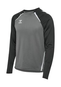 Maillot de sport à manches longues avec devant gris foncé, manches noires, finitions blanches, et logo hummel sur la poitrine et l'épaule gauche.