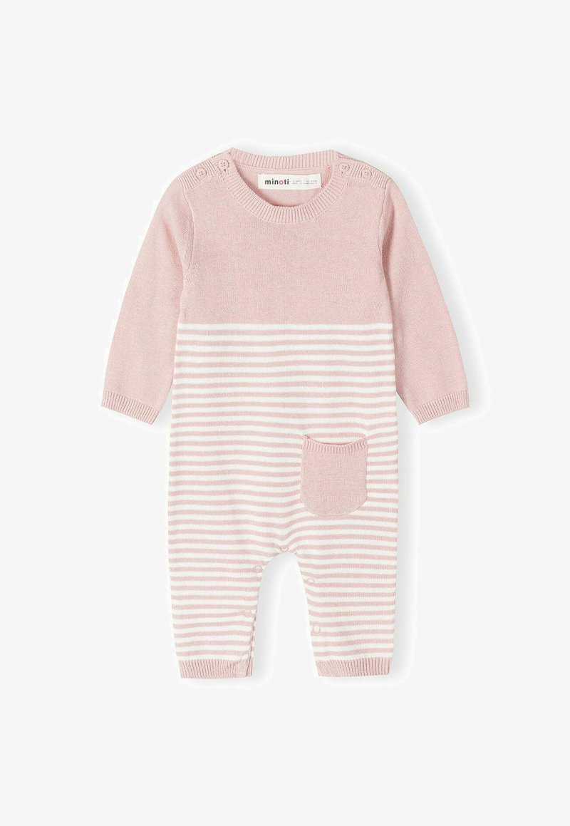 Strikket pink jumpsuit med lange ærmer, der har en ensfarvet overdel og hvide striber på den nederste halvdel, knapdetaljer og en forlommer.