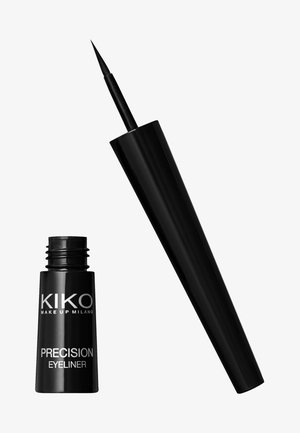 Zwarte precisie-eyeliner met een slanke applicatortip en een gladde cilindervormige fles. Heeft witte tekstbranding aan de voorkant.