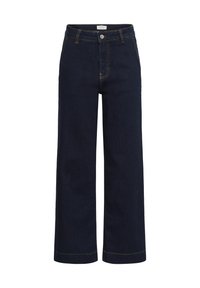 Mørkeblå brede jeans i denim, med en klassisk talje, en frontknaplukning og synlige gule syninger.