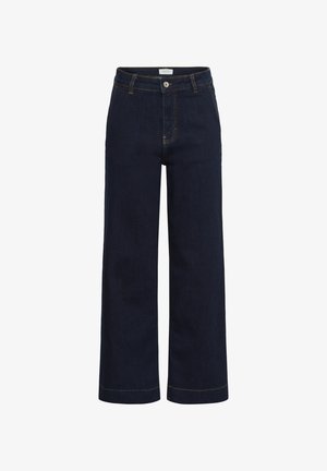 Donkerblauwe wijde jeans van denimstof, met een klassieke taille, een sluiting met een voorste knop en zichtbare gele stikselaccenten.