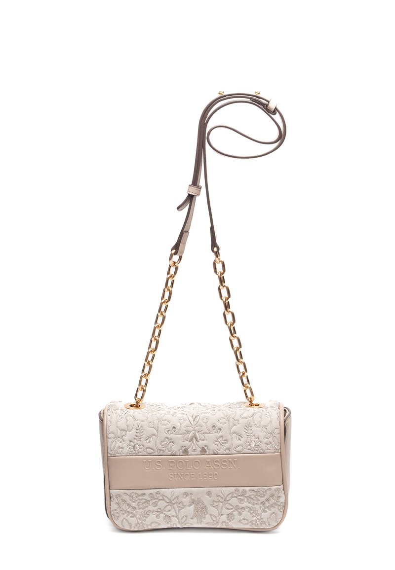 Krämfärgad axelväska med blommig broderi, en beige läderbotten och ett guldkedjesnöre. Funktioner med präglad logotypdetalj.