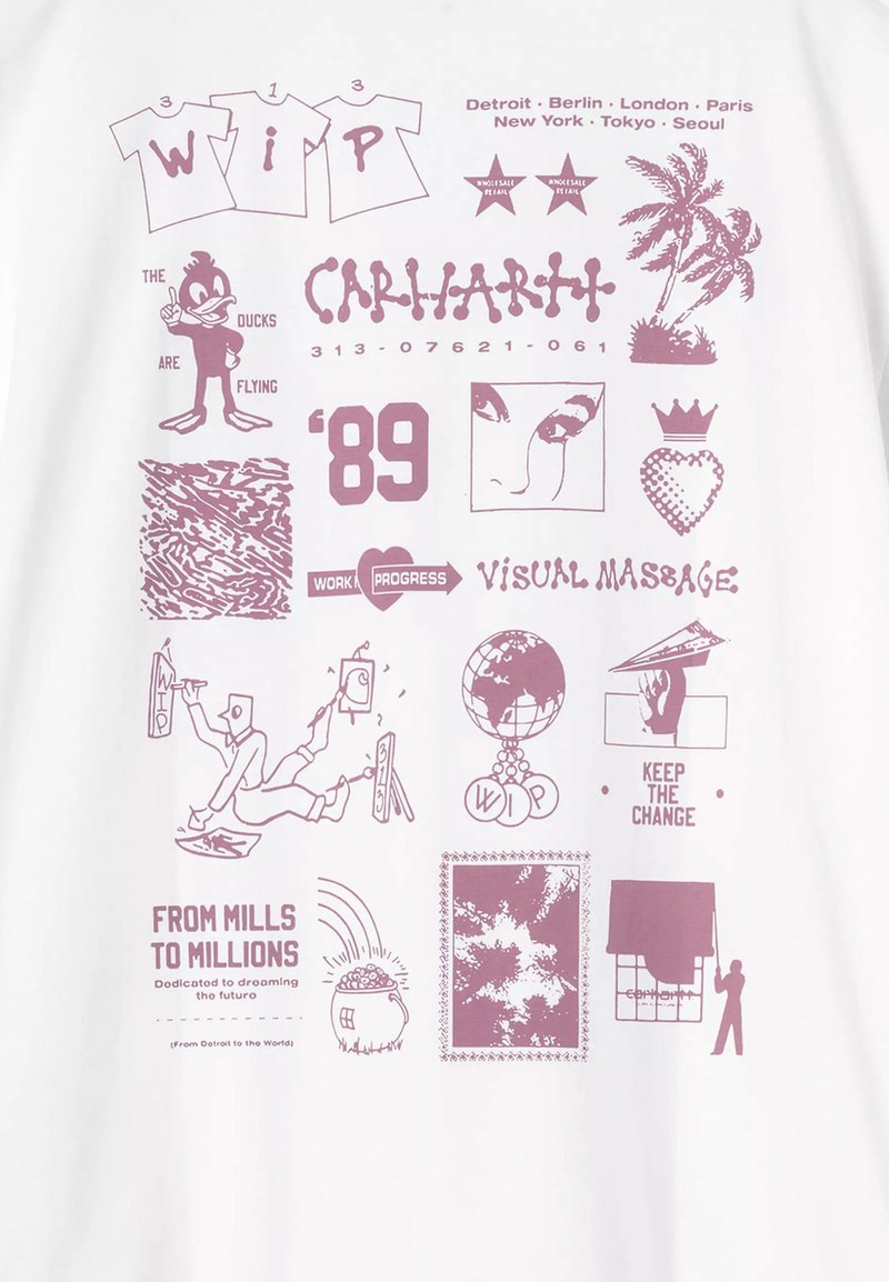 Collage de iconos y texto, incluyendo "CARHARTT", "WIP", patos, palmeras, un globo terráqueo, '89, y frases como "WORK IN PROGRESS" y "KEEP THE CHANGE."