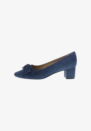 Blue suede low block heel pump with pointed toe and decorative bow on top, side view on white background.