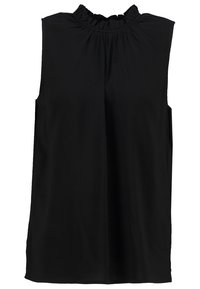 Black sleeveless top with a ruffled neckline, made from a smooth fabric. Features a relaxed fit and minimalistic design.
