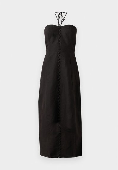Black strapless dress with a fitted bodice, long flowing skirt, and a row of decorative buttons down the front. Textured fabric.