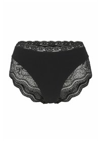 Svarta trosor med spetsdetaljer vid midjan och sidorna, med vågiga kanter och blommönster, tillverkade av mjukt tyg.