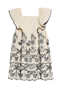 Cream dress with black floral embroidery, ruffled sleeves, square neckline, and scalloped hem. Textured fabric with a flowing design.