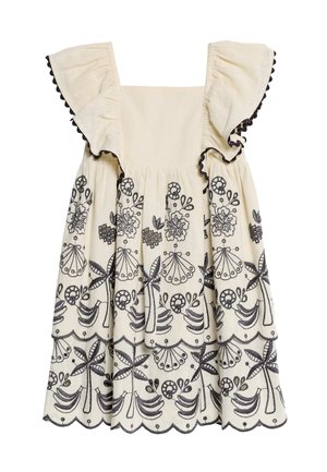 Cream dress with black floral embroidery, ruffled sleeves, square neckline, and scalloped hem. Textured fabric with a flowing design.