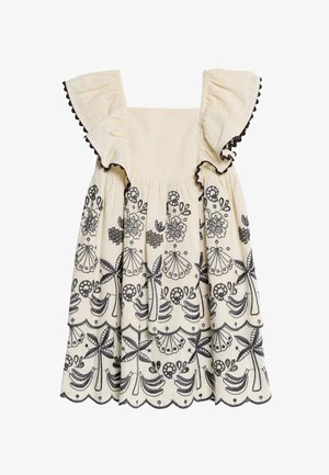 Cremefarbenes Kleid mit schwarzer Blumenstickerei, Rüschenschultern, quadratischem Ausschnitt und gewelltem Saum. Texturiertes Material mit fließendem Design.