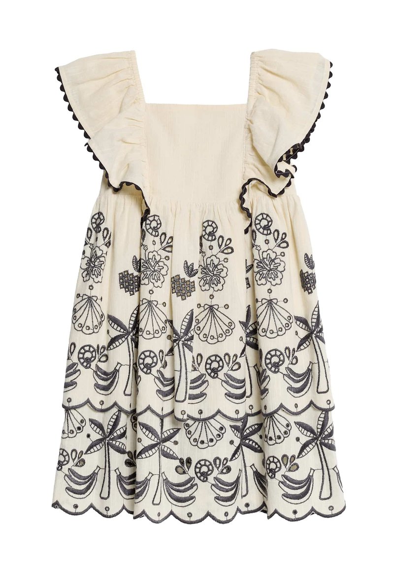 Cream dress with black floral embroidery, ruffled sleeves, square neckline, and scalloped hem. Textured fabric with a flowing design.