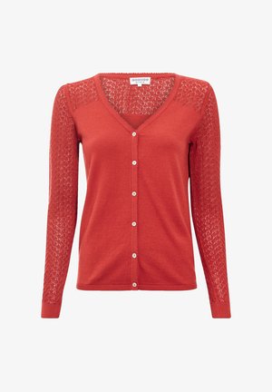 Red cardigan with a V-neck, featuring solid body and lace-knit long sleeves. Button front closure, soft texture with fine knit detailing.